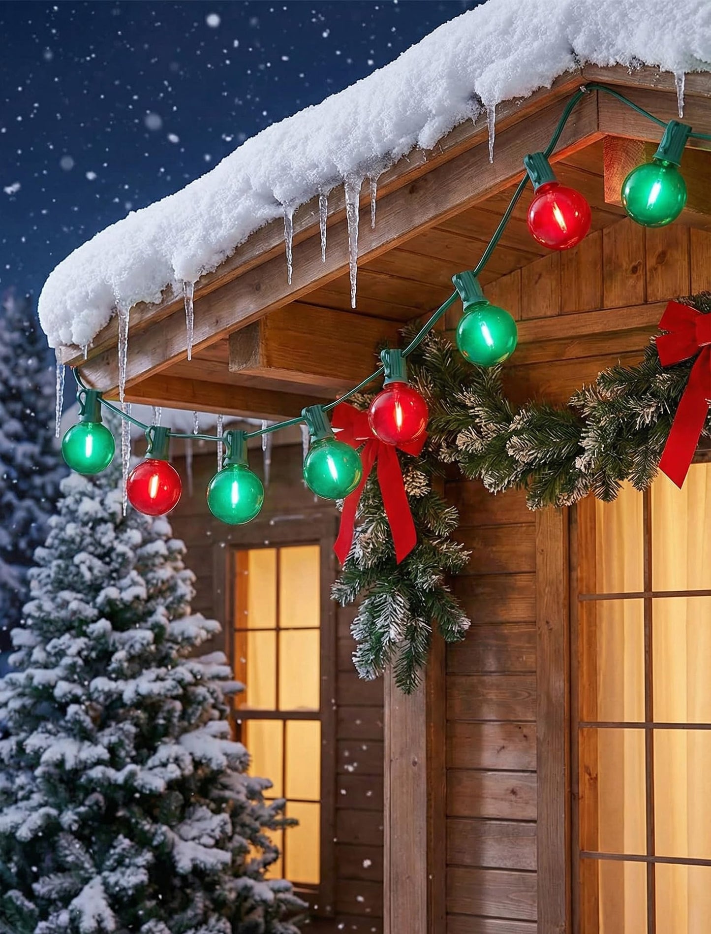 Romasaty G40 LED Christmas String Lights, 50FT Christmas G40 String Lights with 27 Shatterproof LED Clear Red Green Bulbs, Xmas Outdoor Decoration Lights for Patio Backyard Roofline Garden Yard