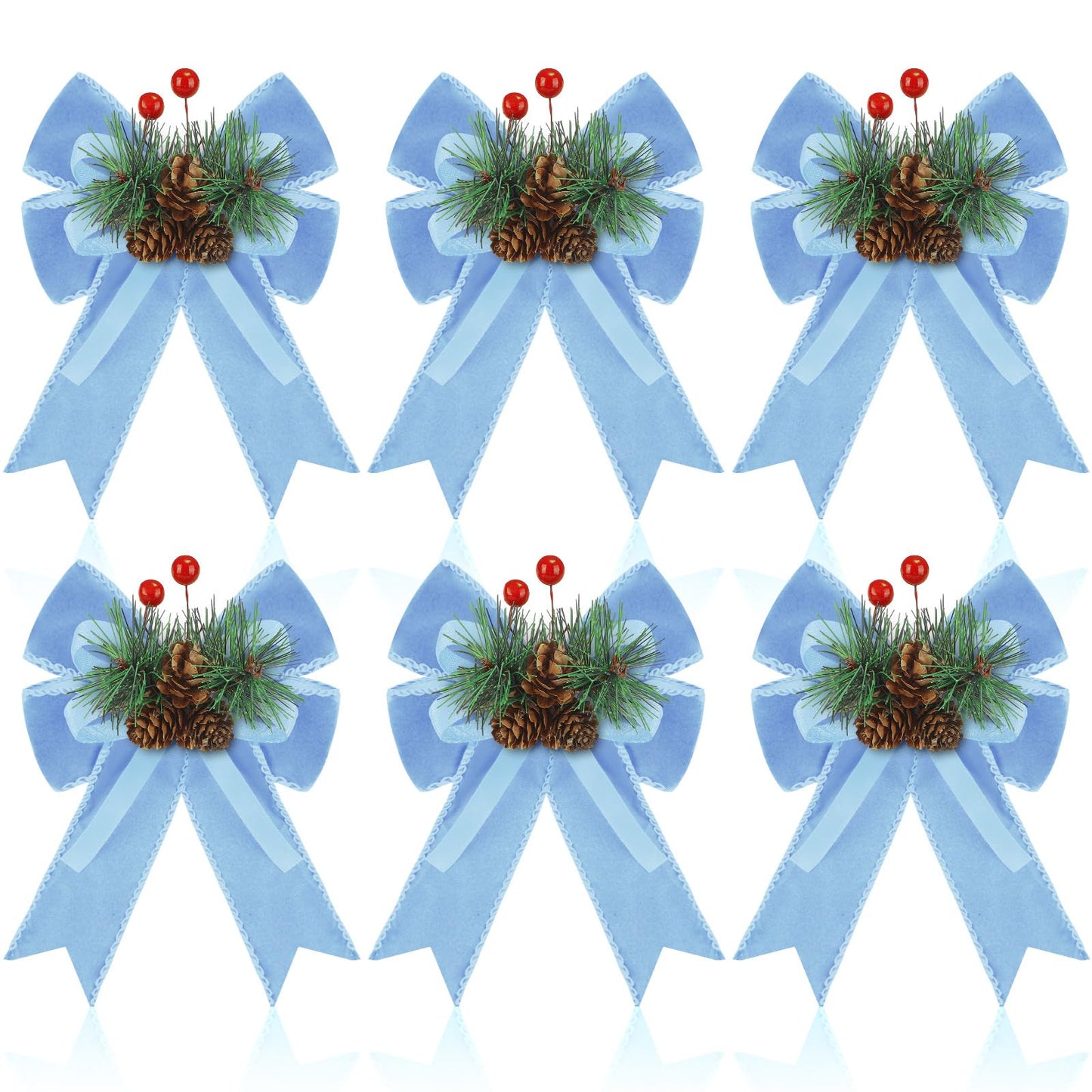 Syhood 6 Pcs Christmas Velvet Bow with Pine Cones Pine Needles Berries Xmas Bright Blue Ribbon Bow Ornaments 6.3 x 5.1 Inch for Christmas Tree Wreath Garden Fireplace Crafts DIY Decor