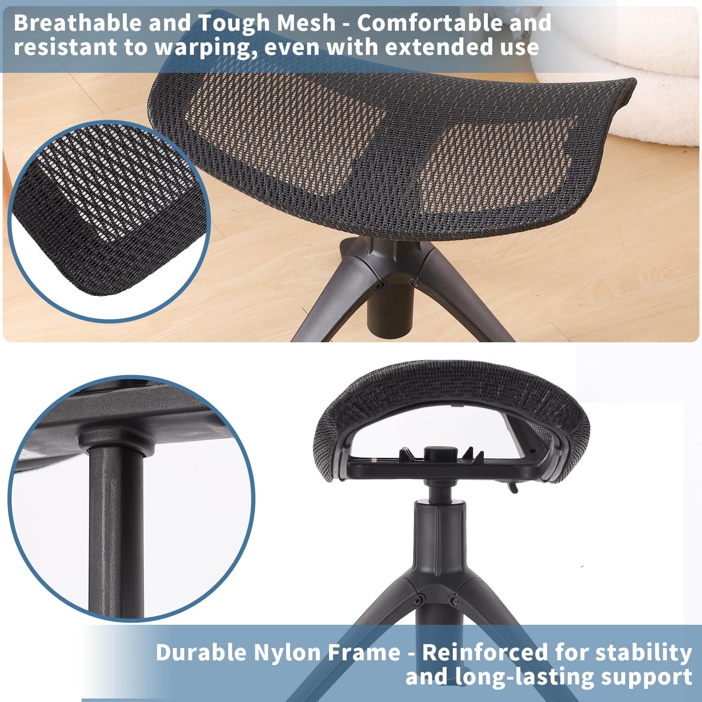 Under Desk Footrest, 2-in-1 Height Adjustable Rotatable Ergonomic Under Desk Foot Rest Ottoman, Rolling Leg Rest Stool with Breathable Mesh and Nylon Frame for Home Office
