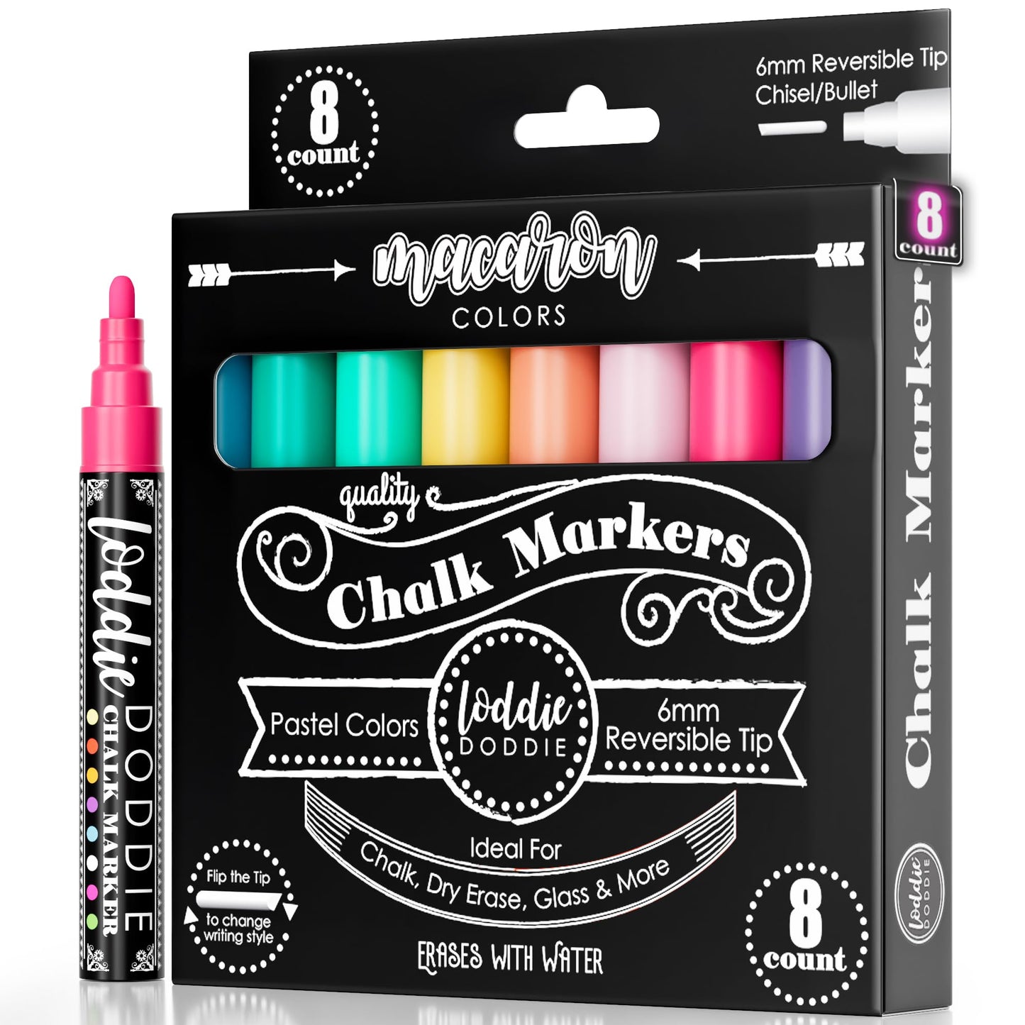 Loddie Doddie Liquid Chalk Markers - Pack of 8 Macaron Pastel 6mm Tip - Dual Tip Fine & Bold Lines with Chalkboard Markers & Chalk Pens - Erasable Liquid Ink on Chalkboard Calendar & Blackboard
