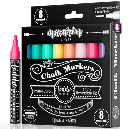 Loddie Doddie Liquid Chalk Markers - Pack of 8 Macaron Pastel 6mm Tip - Dual Tip Fine & Bold Lines with Chalkboard Markers & Chalk Pens - Erasable Liquid Ink on Chalkboard Calendar & Blackboard