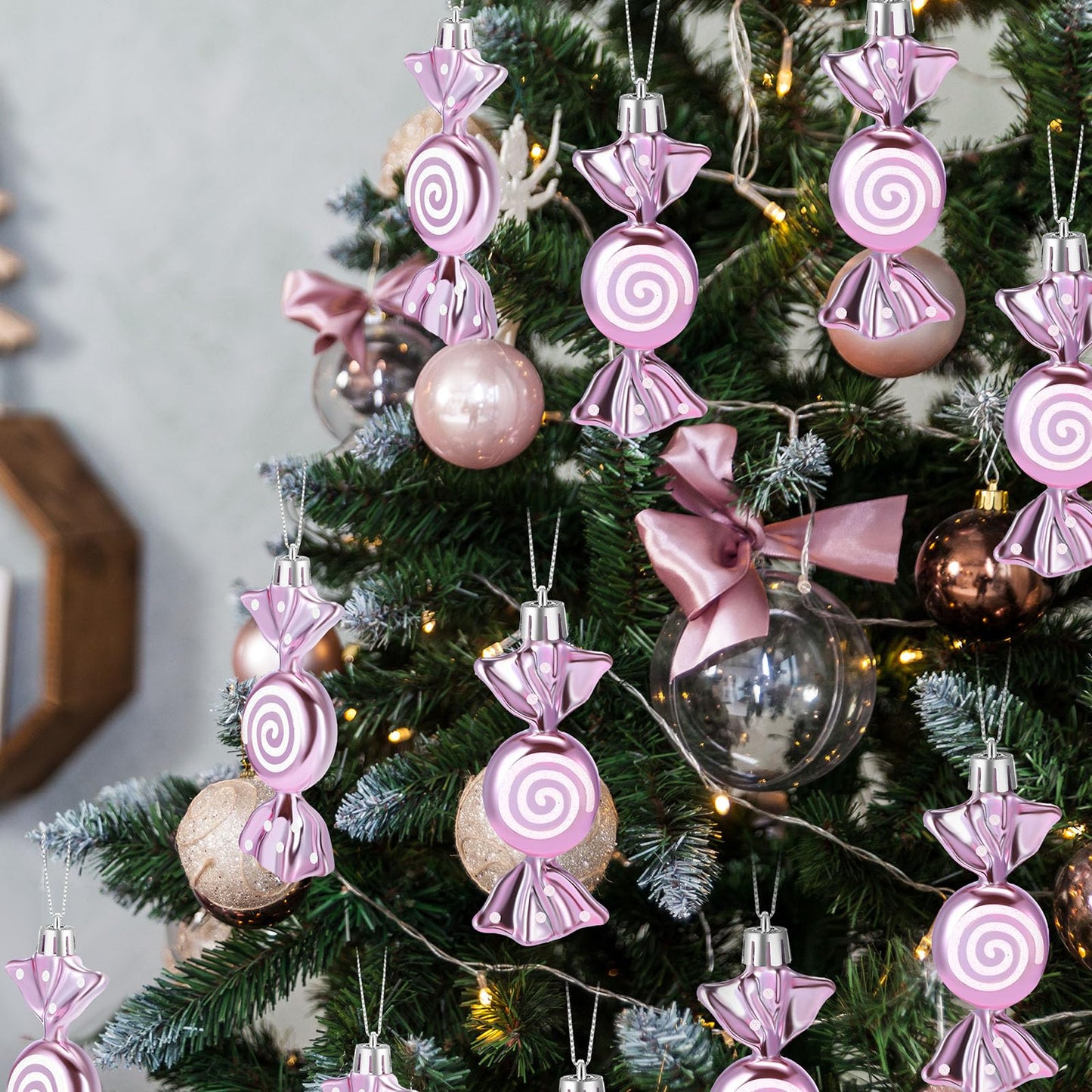 Threan 12 Pcs Christmas Candy Ornaments for Tree Decoration Hanging Glitter Candy Cane Christmas Peppermint Ornament with Golden Rope for Xmas Holiday Decoration(Pink,Plastic)