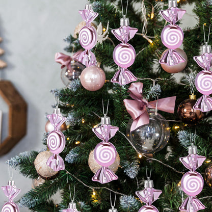 Threan 12 Pcs Christmas Candy Ornaments for Tree Decoration Hanging Glitter Candy Cane Christmas Peppermint Ornament with Golden Rope for Xmas Holiday Decoration(Pink,Plastic)