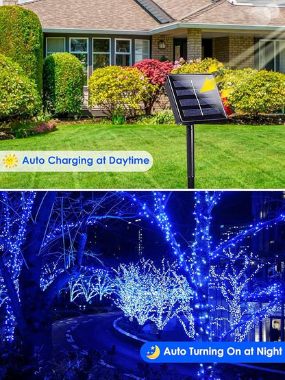 Solar Christmas Lights Outdoor Decorations Waterproof, Tatal 4 Pack 400LED 132FT Blue Solar String Lights Green Wire with 8 Modes, Christmas Fairy Light for Xmas Tree Party Wedding Yard Garden Decor