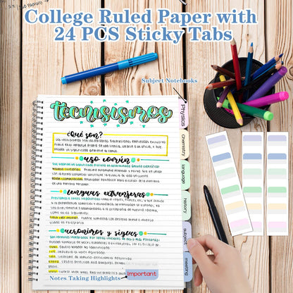 Spiral Notebook, College Ruled Notebook Journal, 4 Pack Large B5 Lined Notebooks for Work, School, Notes Taking, 8" x 10" Subject Notebook, 560 Thick Paper, 24pcs Index Tabs, Assorted Pastel Notebook