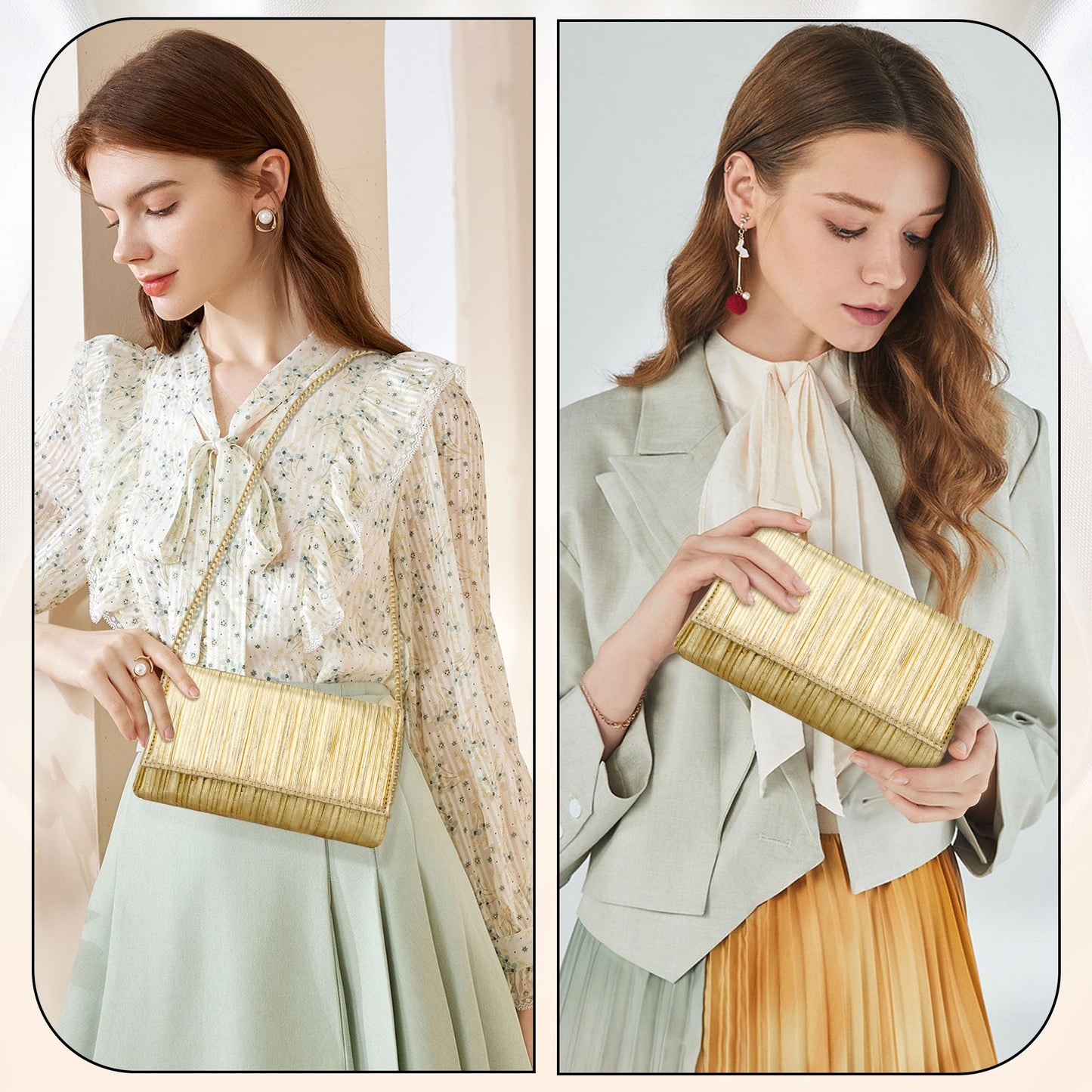 Tmore Clutch Purses for Women PU Leather Clutch Bag with Chain Handbags Soft Pleated Evening Bag (Gold)