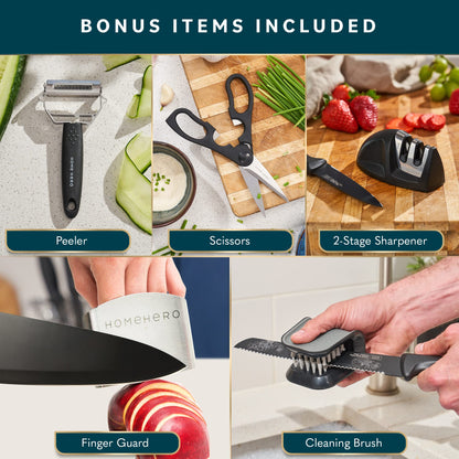 Home Hero Kitchen Knife Set with Sharpener - High Carbon Stainless Steel Knife Block Set with Ergonomic Handles (20 Pcs - Acrylic Black)