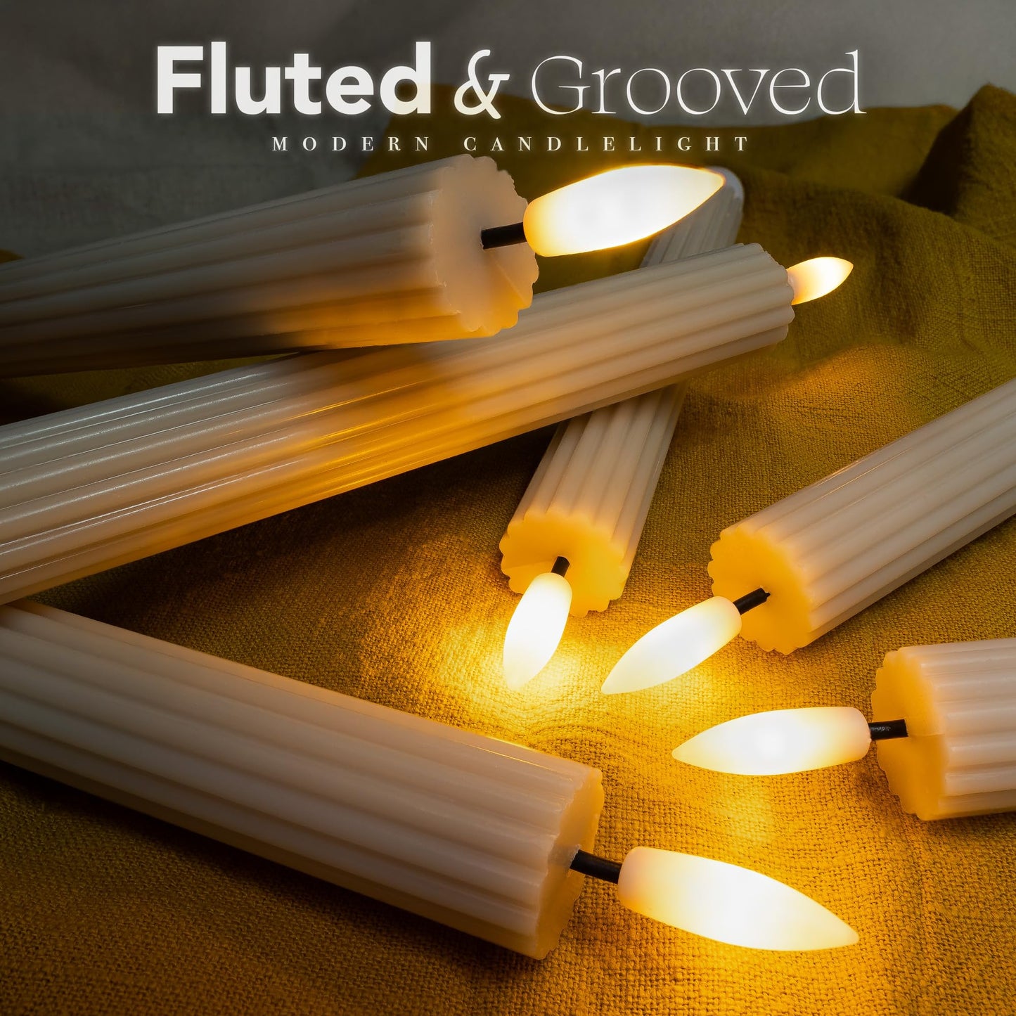 West Ivory 12 Pack, 10" LED Flameless Real Wax Cream Beige Fluted Ribbed Grooved Taper Candles, Remote & 24h Timer Memory, On/Off Button, Dimmable, Flicker Mode, Battery Operated, Wedding