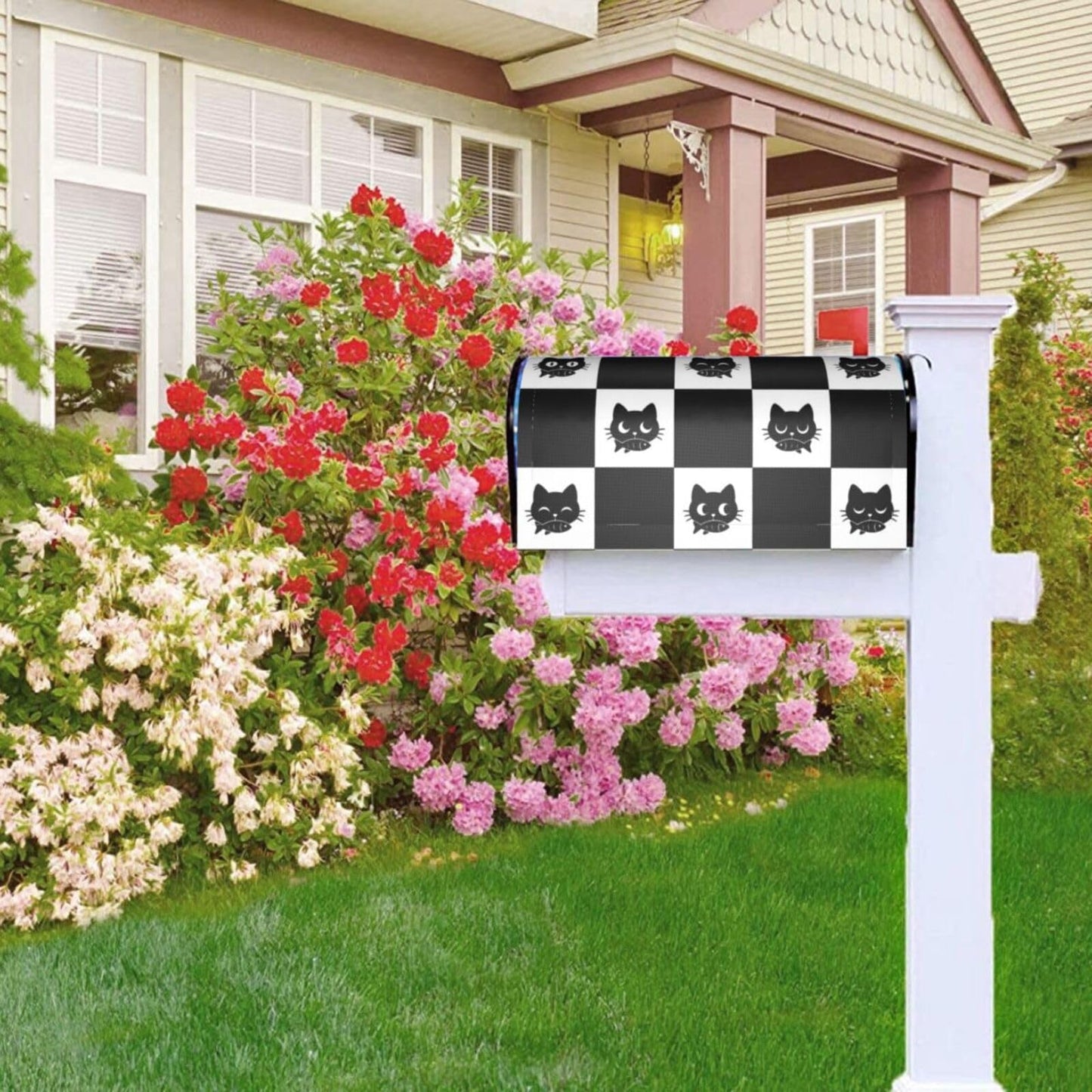 Black and White Checkered Cat with Fish Mailbox Covers, Mail Wraps Yard Home Decor for Outdoor Garden Standard Size 21x18 in