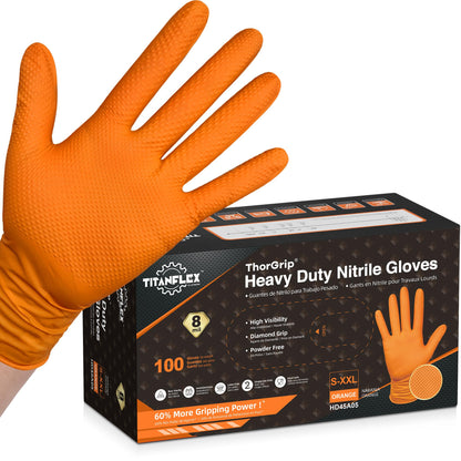 TitanFlex ThorGrip Heavy Duty Industrial Orange Nitrile Gloves, 8-mil, Gloves Disposable Latex Free with Raised Diamond Texture Grip, Powder Free, Rubber Gloves, Mechanic Gloves,100-ct Box (XL)