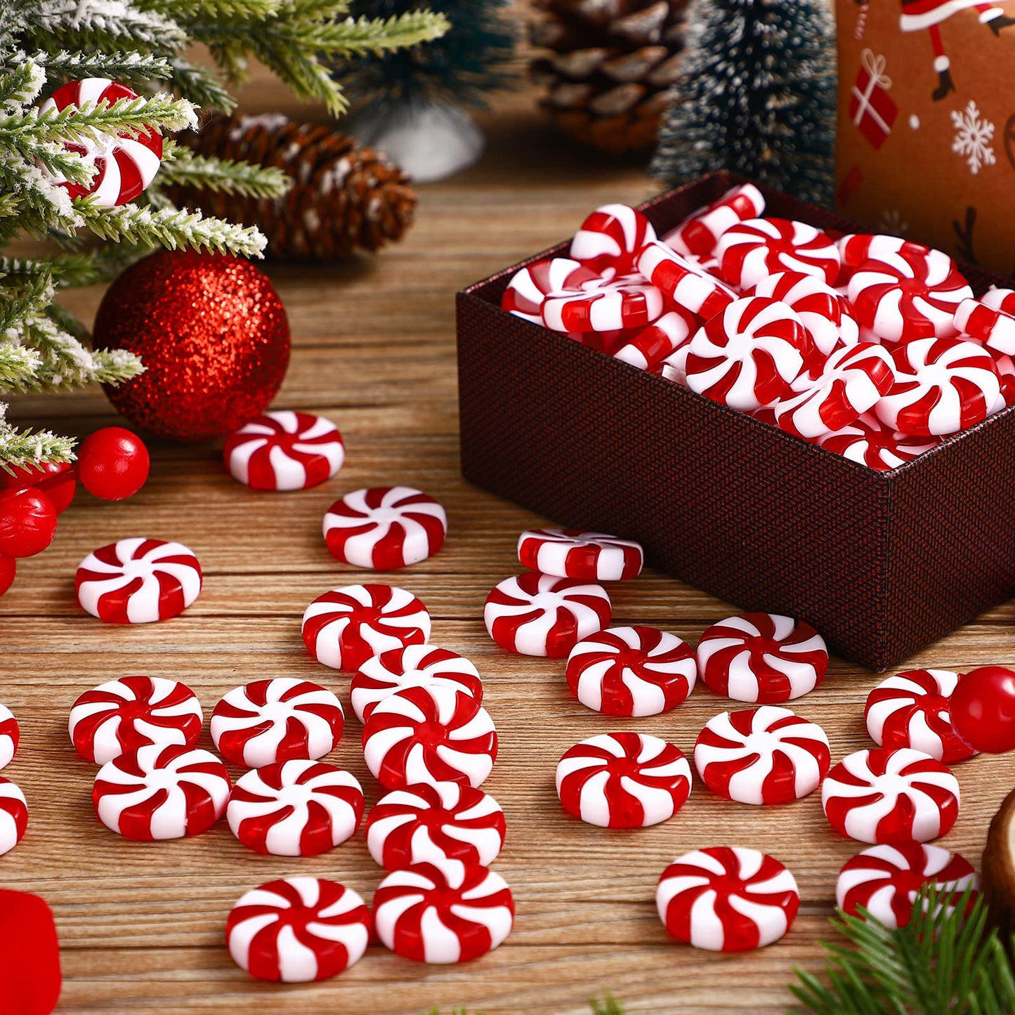 200 Pcs 25 mm Fake Christmas Candy Cane Peppermint Ornaments for Christmas Tree Decorations Xmas Candy Decor Ornaments Craft for DIY Crafts (Red White)