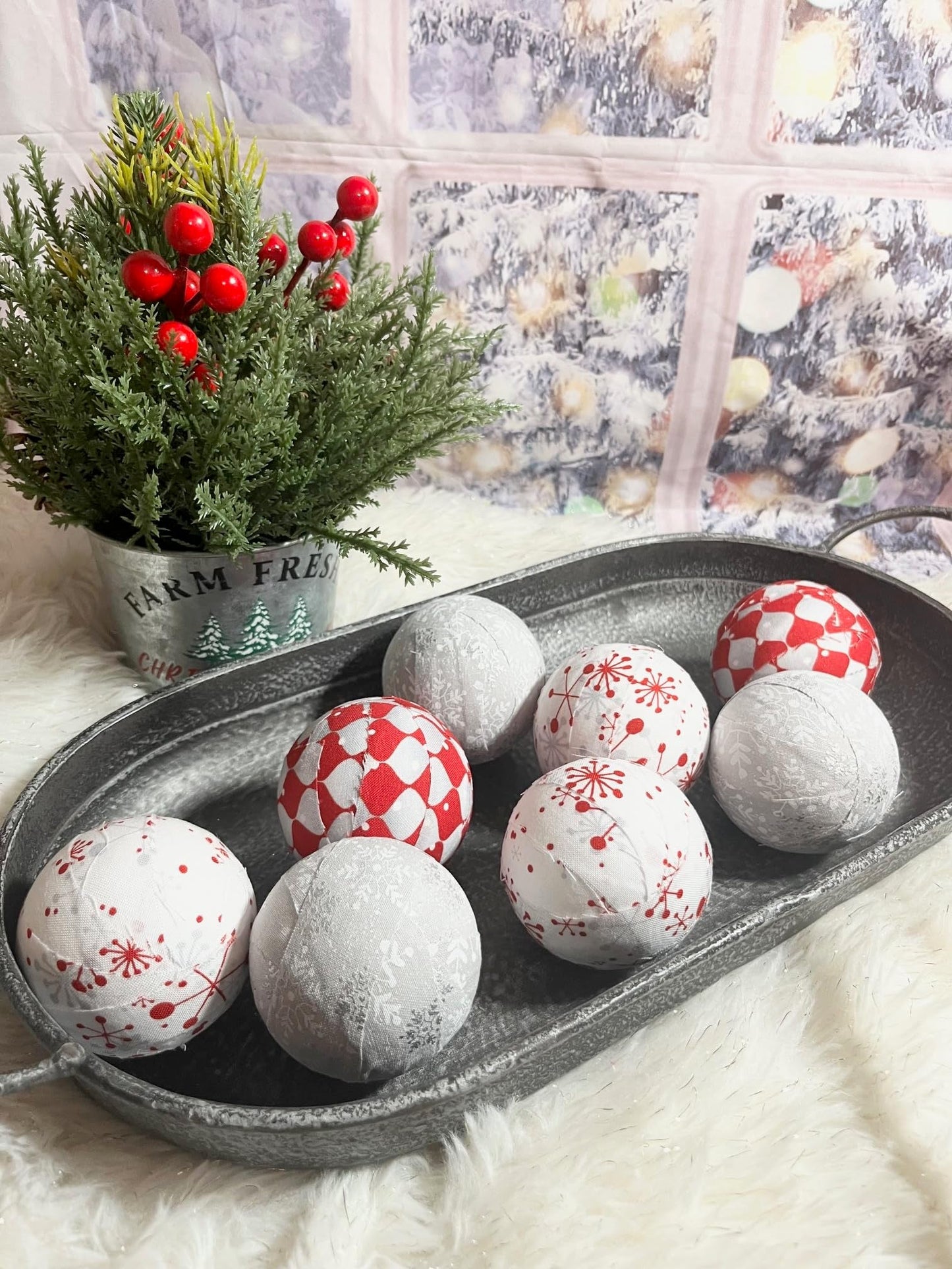 Snowflake, Grey, and Argyle Patterns set of 8 Fabric Wrapped Christmas Balls – 2.5” Styrofoam Winter Décor – Rustic Farmhouse Bowl Filler