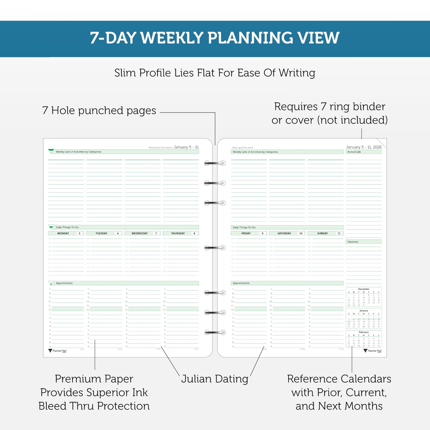 Planner Pad 7 Hole Loose Leaf January-December 2026/ Calendar Year 8 1/2" x 11" Large 3-Tier Funnel Down 12 Month Organizer, Soft Green Ink