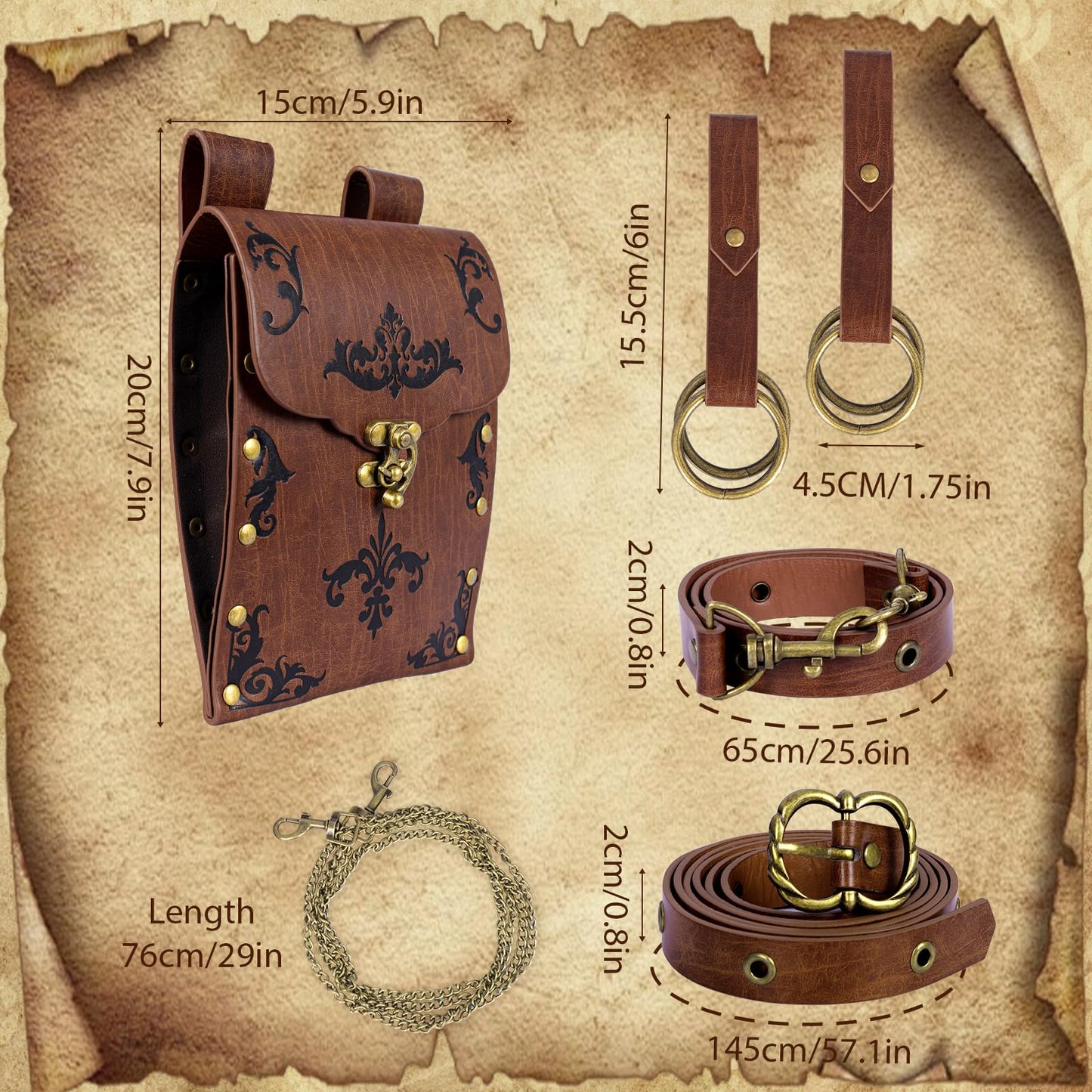 TobWeaL Renaissance Pirate Chain Belt Pouch Set - Medieval Viking Skirt Hike Faux Leather Waist Bag Costume Accessories for Cosplay (Brown)