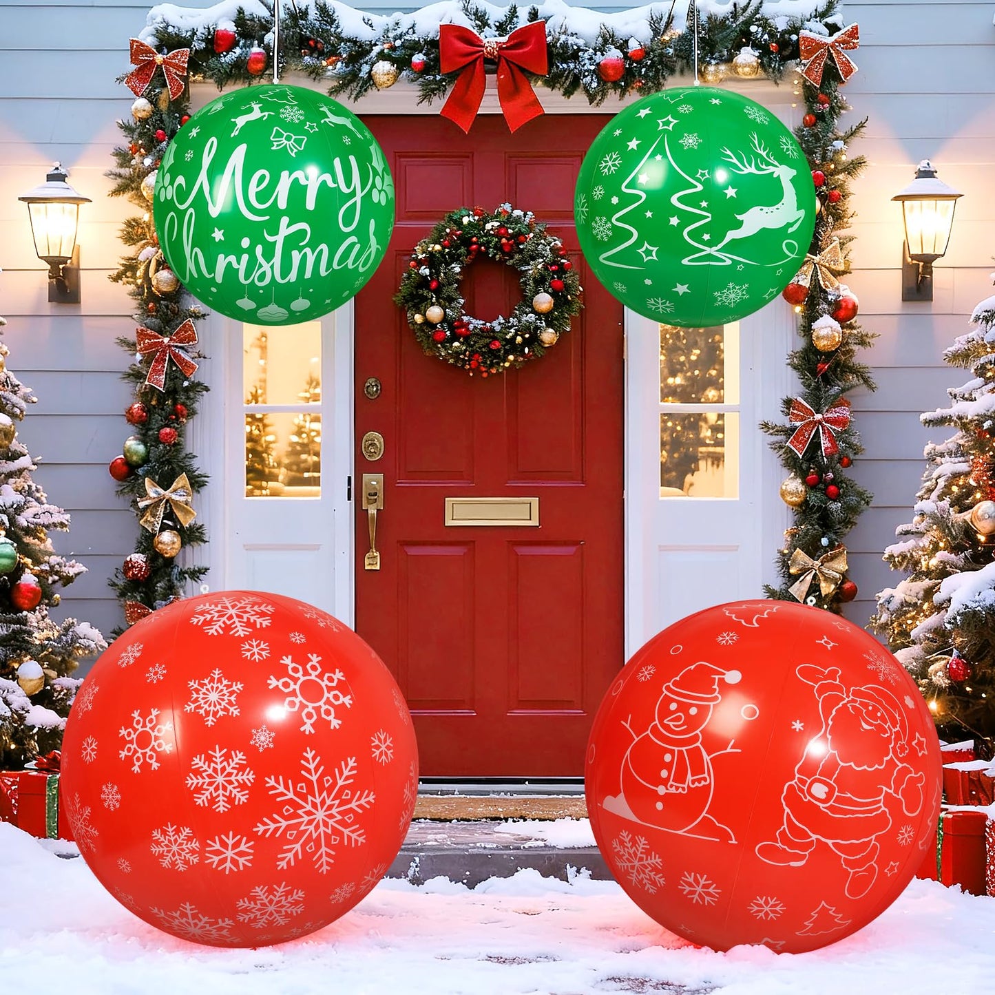 TaoQ C 4 PCS 32 Inch, 24 Inch Christmas Inflatable Balloons PVC Large Christmas Inflatable Outdoor Balls for Xmas Garden Lawn Yard Holiday Front Door Decoration