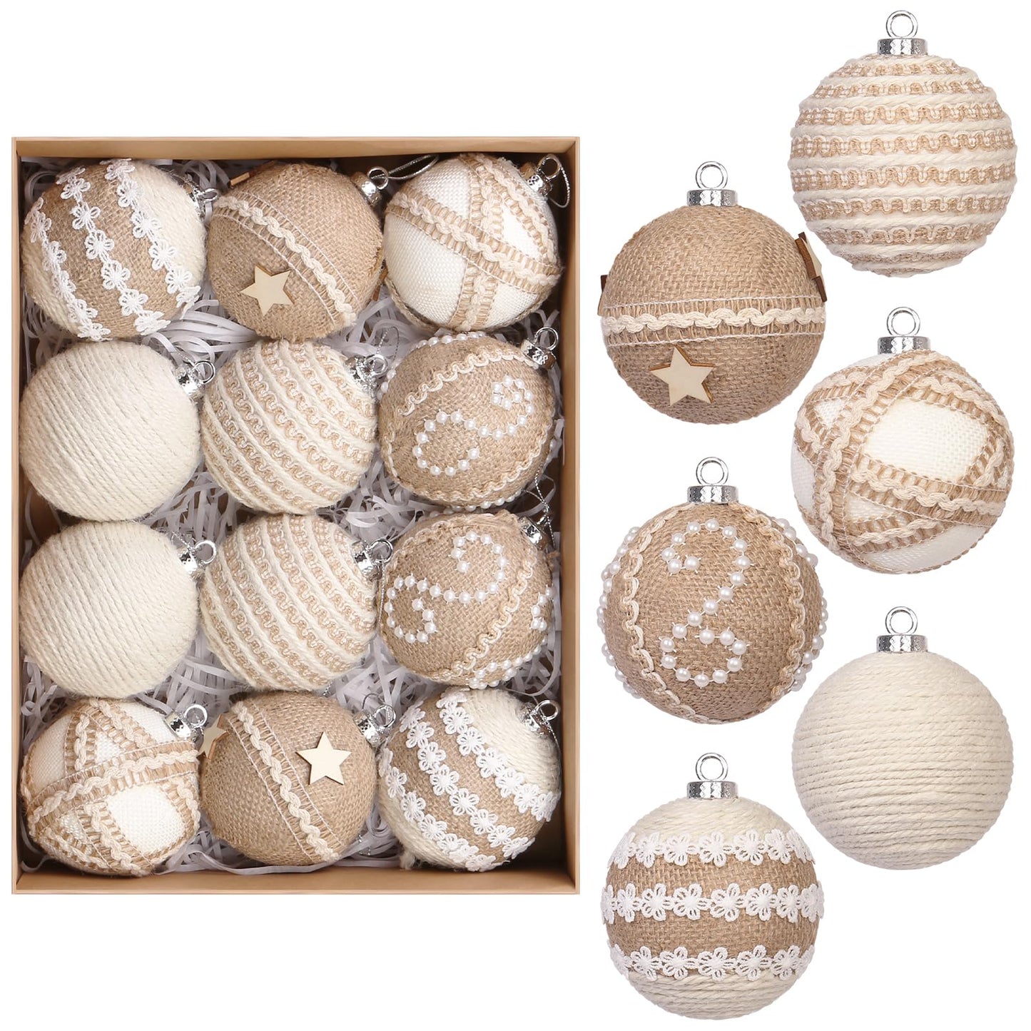 12PCS Christmas Ball Ornaments, 3.14"/80MM Boho Shatterproof Christmas Tree Hanging Ball Decorations, for Home Indoor Farmhouse Xmas Vase Bowls Filler Centerpiece Rustic Decor
