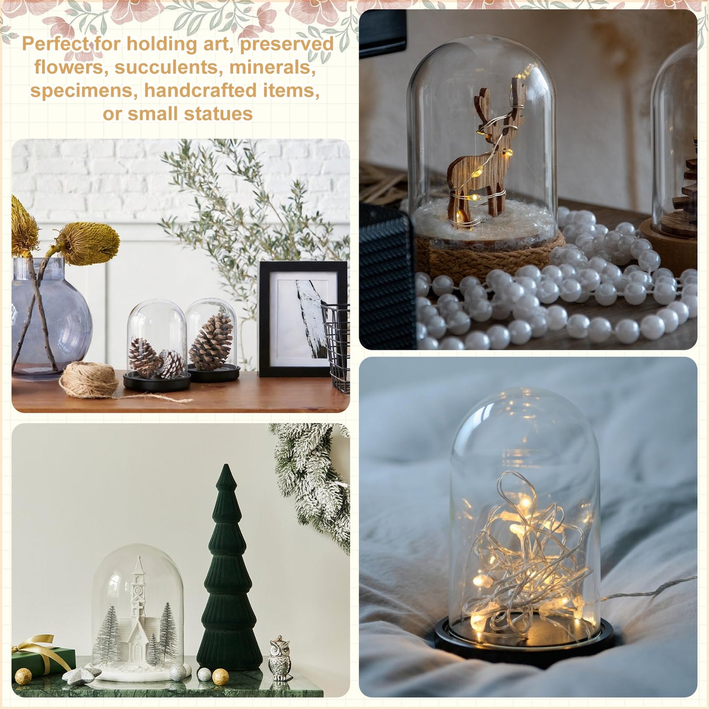 uxcell 4Pcs Glass Display Dome, 1.2" x 2.1" Clear Cloche Glass Dome Decorative Bell Jar with Wooden Base for Collectibles Display Candle Tabletop Centerpiece Plants Wedding, Black