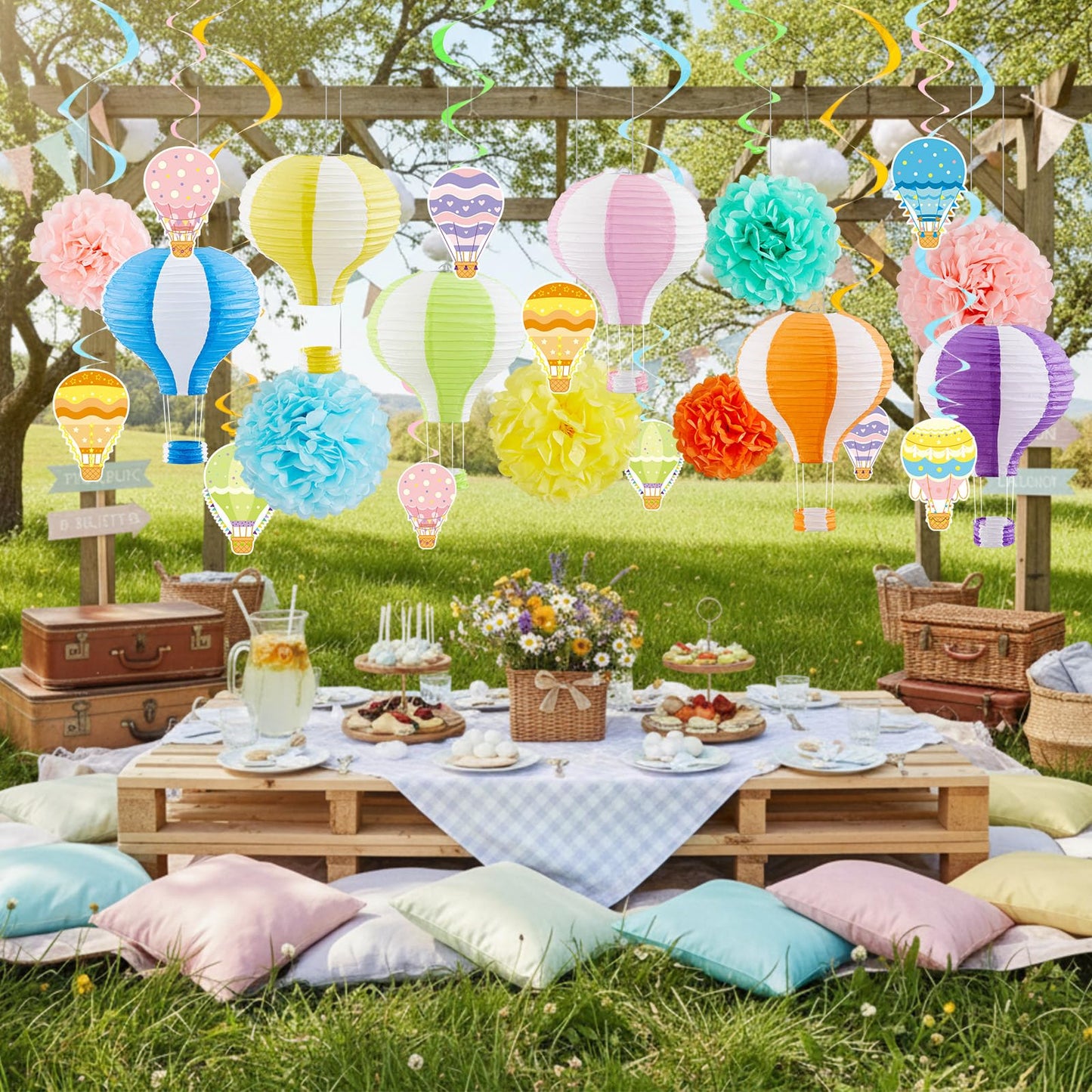Hortsun 36 Pcs Hot Air Balloon Decorations Include 6 Hanging Hot Air Balloon Paper Lanterns 6 Paper Flowers 12 Hanging Cards 12 Spiral Decor for Wedding Birthday Anniversary Christmas Party Decor