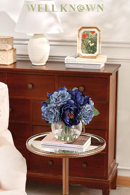 Artificial Flowers in Vase, Artificial Peonies for Vase with Faux Water, Silk Fake Flower Arrangements for Fall Winter Wedding Home Coffee Table Decor Thanksgiving Centerpieces (Blue)