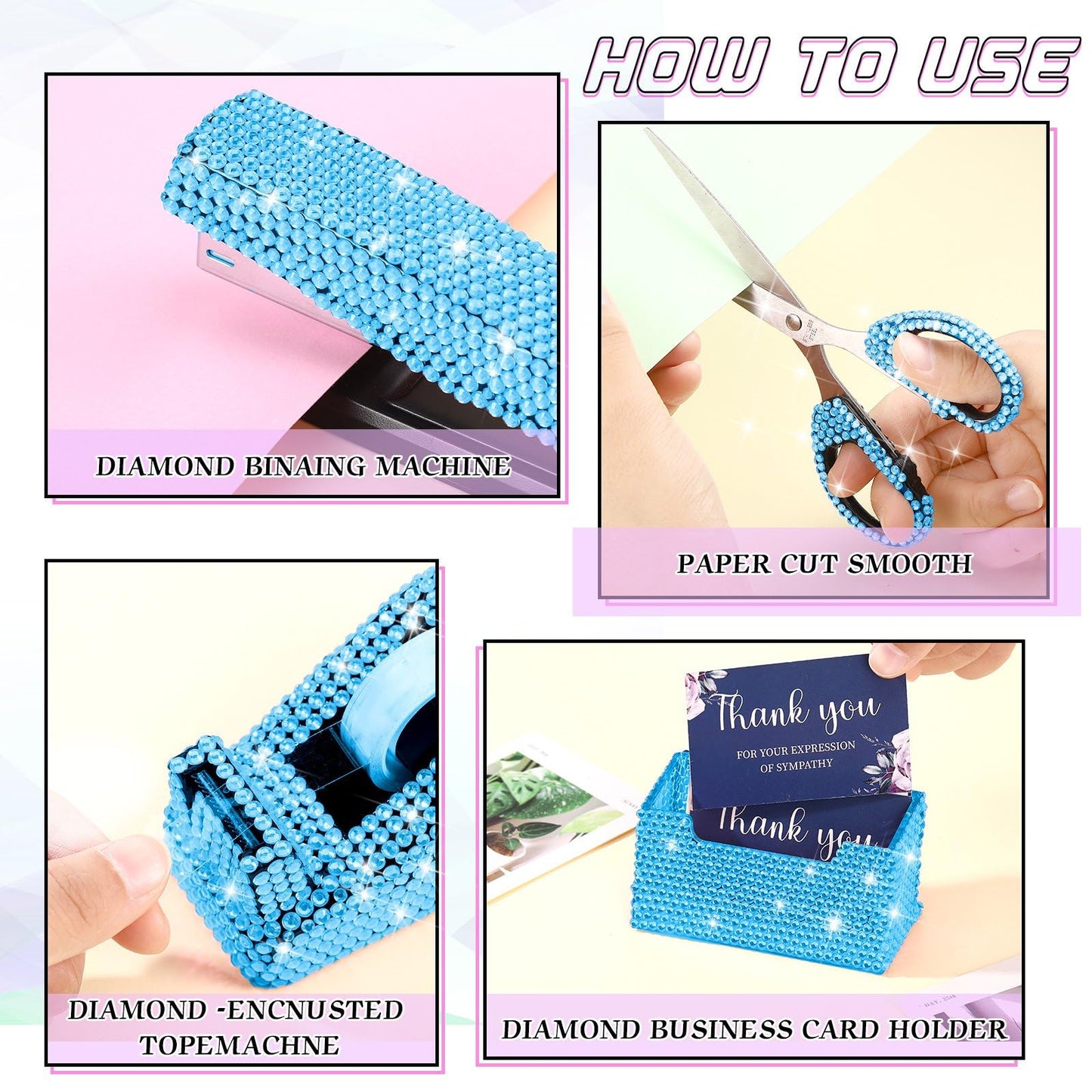 Demissle 6 Pcs Bling Office Desk Accessories Set Crystal School Stationery Kit Scissor Stapler with Staple, Tape Dispenser, Diamond Pen, Staple Remover, Binder Clip, Paper Clip, Push Pins(Blue)