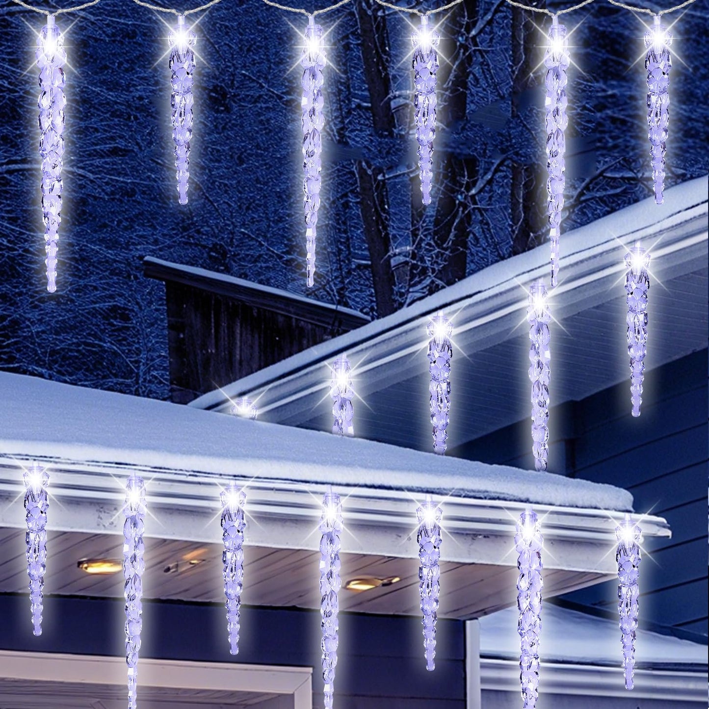 Christmas Icicle Lights Outdoor, 16.4FT Crystal String Light with 40 Ice Shaped Tubes with 8 Modes, Connectable Waterproof Hanging LED Christmas Lights Plug in for Eave Home Holiday Party Xmas Decor