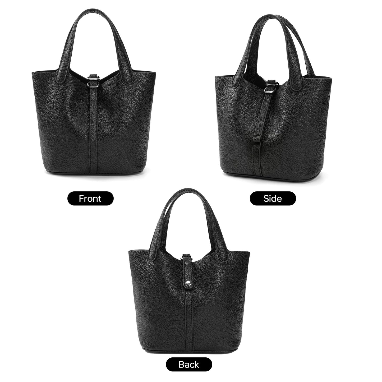 Kiss Sea Mini Bucket Bag for Women, Pebbled Vegan Leather Tote with D-Lock Detail, Convertible Crossbody Handbag