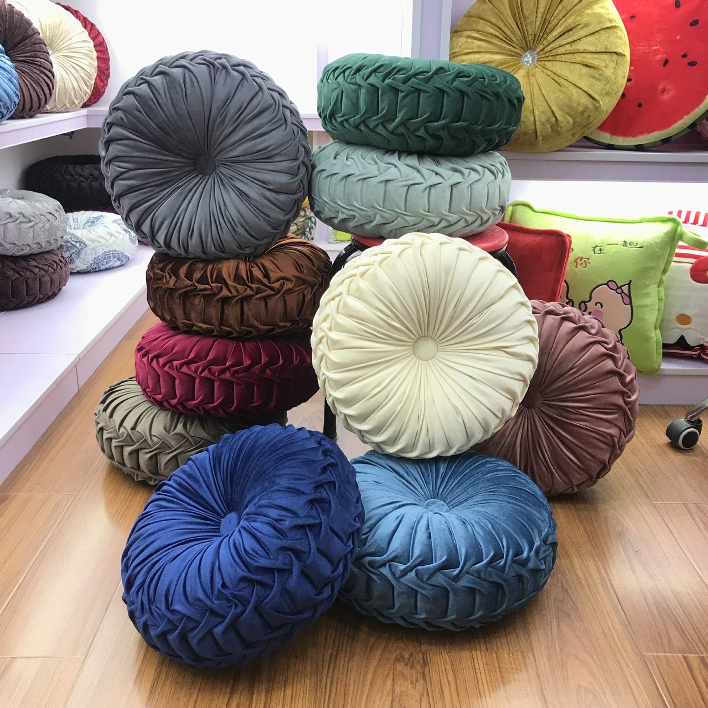 Teieas Round Throw Pillow Velvet Home Decoration Pleated Round Pillow Cushion for Couch Chair Bed Car Beige