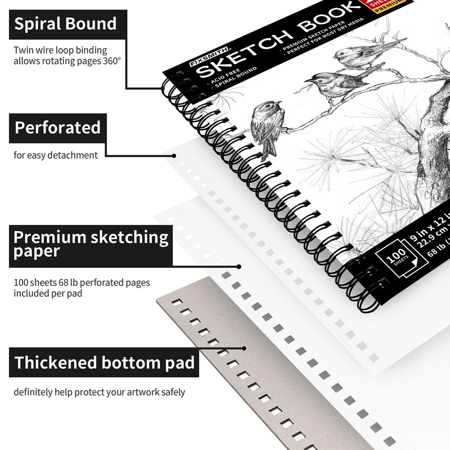 FIXSMITH 9"X12" Sketch Book | 200 Sheets (68 lb/100gsm) Sketchbook| 2 Pack (100 Sheets Each) |Acid Free Drawing Paper | Spiral Bound Sketchpad for Beginners,Artists & Professionals | Bright White
