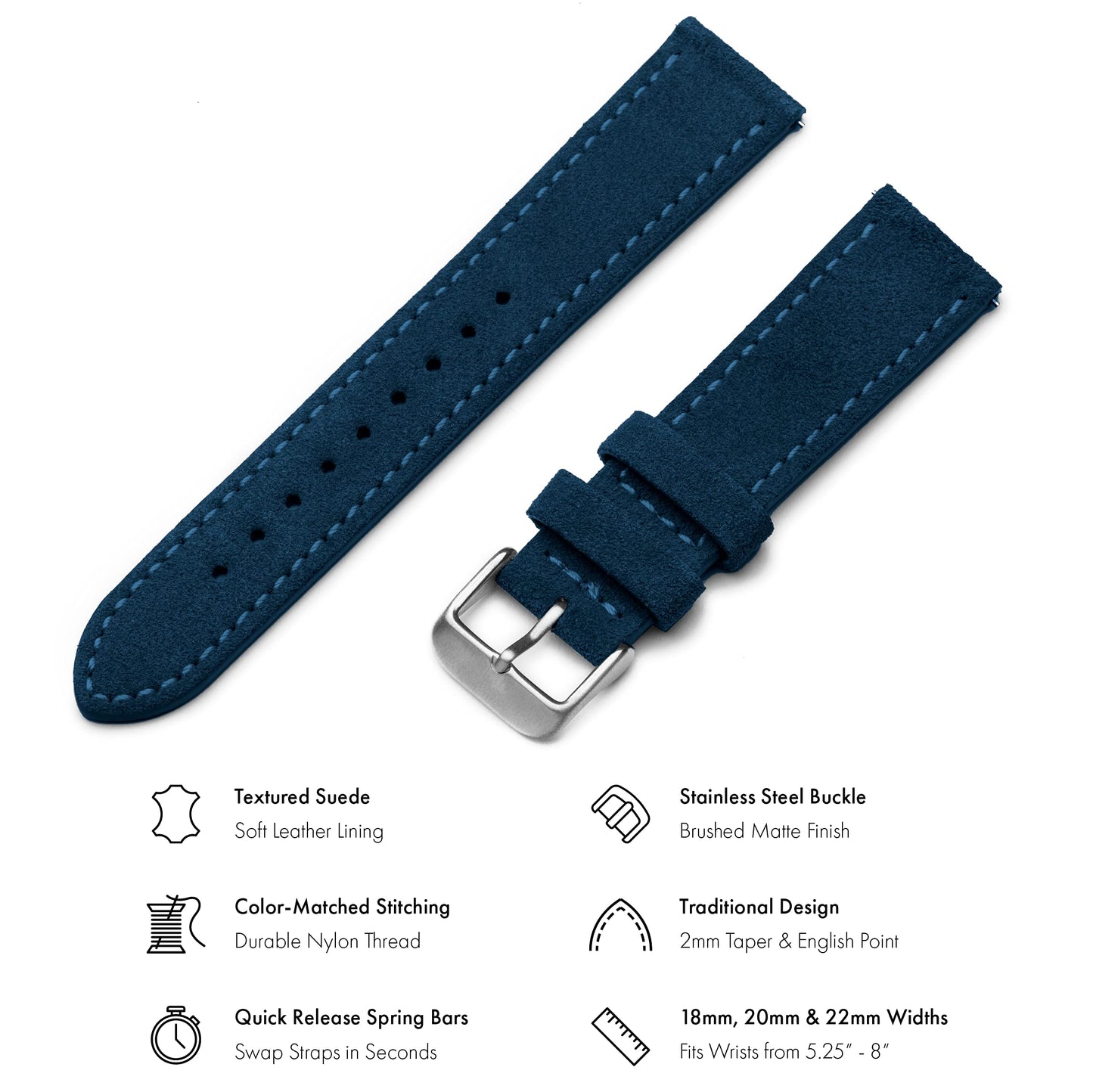 Benchmark Suede 22mm Leather Watch Band – 22mm Quick Release Watch Band with Stainless-Steel Buckle & 9 Adjustable Holes – Blue Leather Watch Bands for Men & Women (22mm, Navy Blue)