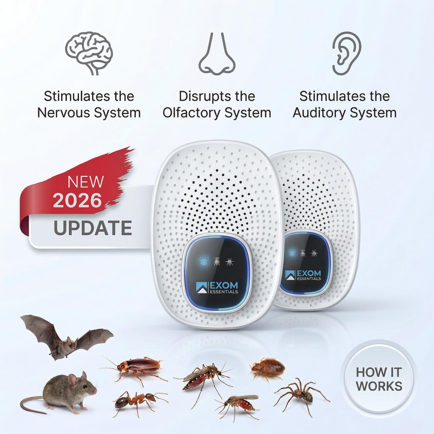 Exom Essentials GRX-25 Ultrasonic Pest Control 6-Pack: Indoor Plug-in Mice, Rodent, Squirrel, Insect Repellent & Roach, Ant, Spider,Bats, Bed Bug, Squirrel, Flea and Mouse Trap Alternative for Home