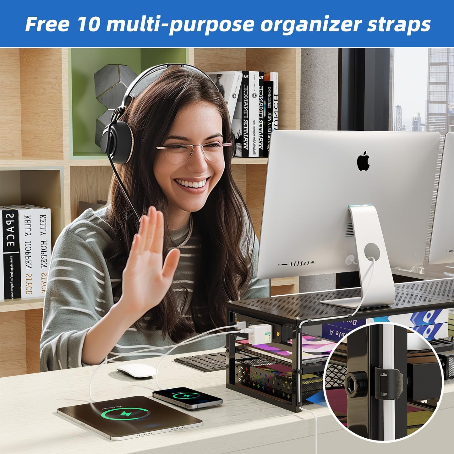 Simple Trending 2 Tier Metal Monitor Stand Riser with USB 2.0 and Charging Prot , Computer Office Desktop Organizer for 2 Monitors with 2 Drawer Storage and Reusable Cable Ties for Printer, TV, Black