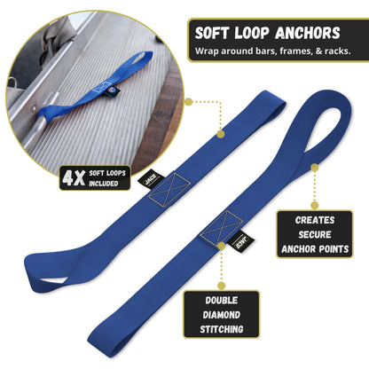 JACO Retractable Ratchet Straps - 1 in x 15 ft (4-Pack) (1,760lbs Break Strength) | Auto Self Retracting Cargo Tie Down Strap Set (Blue)