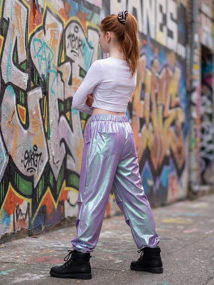 Stelle Girls Metallic Cargo Pants Shiny Hip Hop Dance Joggers Sparkly Stretchy Wide Leg Street Pants for Kids,Iridescent Purple,8-9 Years