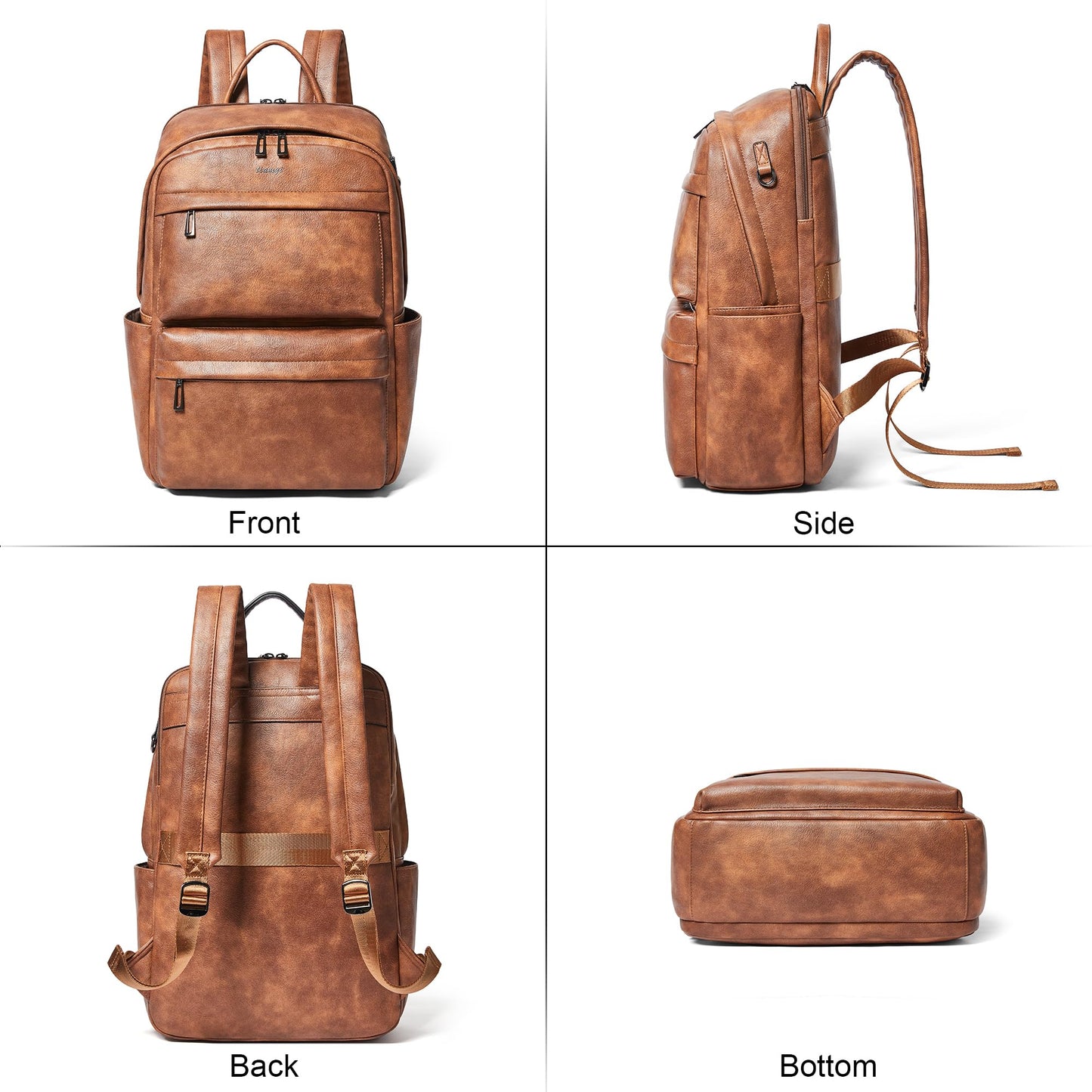 tiamyi Vegan Leather Backpack for Women and Men, Fits 16.0 Inch Laptop, Multi-Pocket Design with Water Bottle and Luggage Strap, Ideal for Work, Travel, and Daily Use, Brown