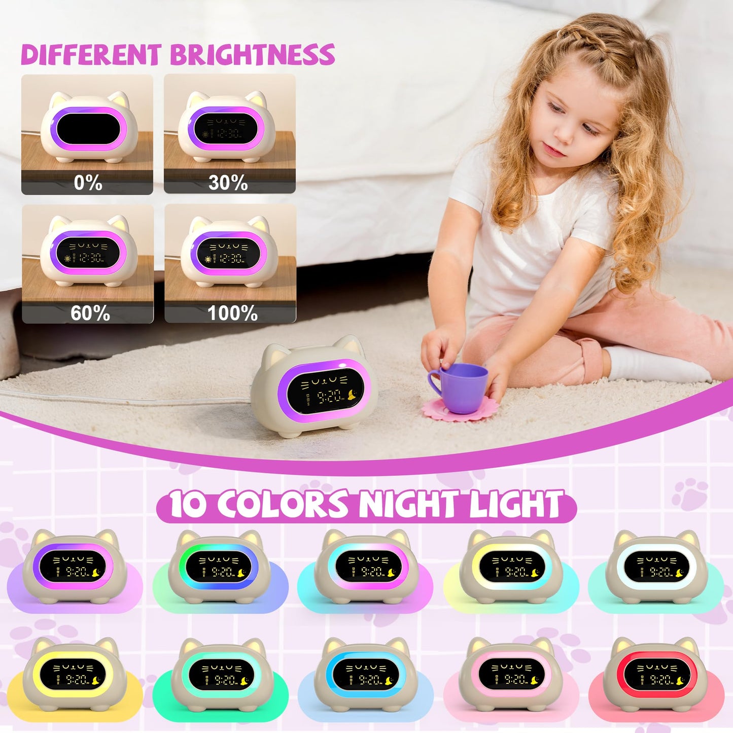 Honesorn Alarm Clock for Kids, Ok to Wake Clock for Kids, Cute Cat Kids Alarm Clock for Girls Boys Toddler, Kids Clock with 10 Night Lights, 7 Soothing Sounds, Auto-Off Timer, Child Lock, Cream White