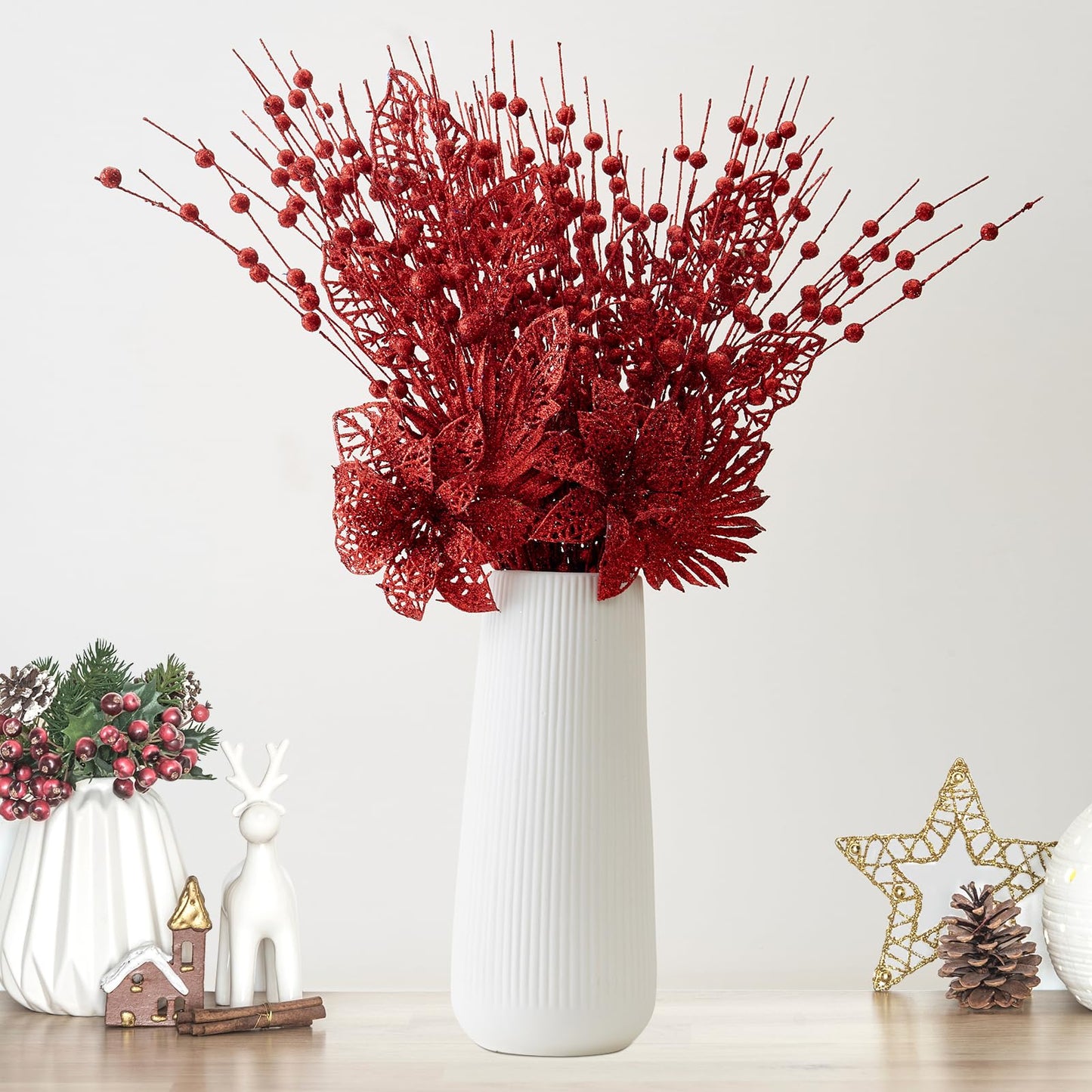24 Pack Christmas Tree Ornaments - Artificial Flowers Glitter Berry Stems Christmas Floral Picks Branches for Xmas Tree Decorations Vase Filler Holiday Wedding Party Home Decor (Red)