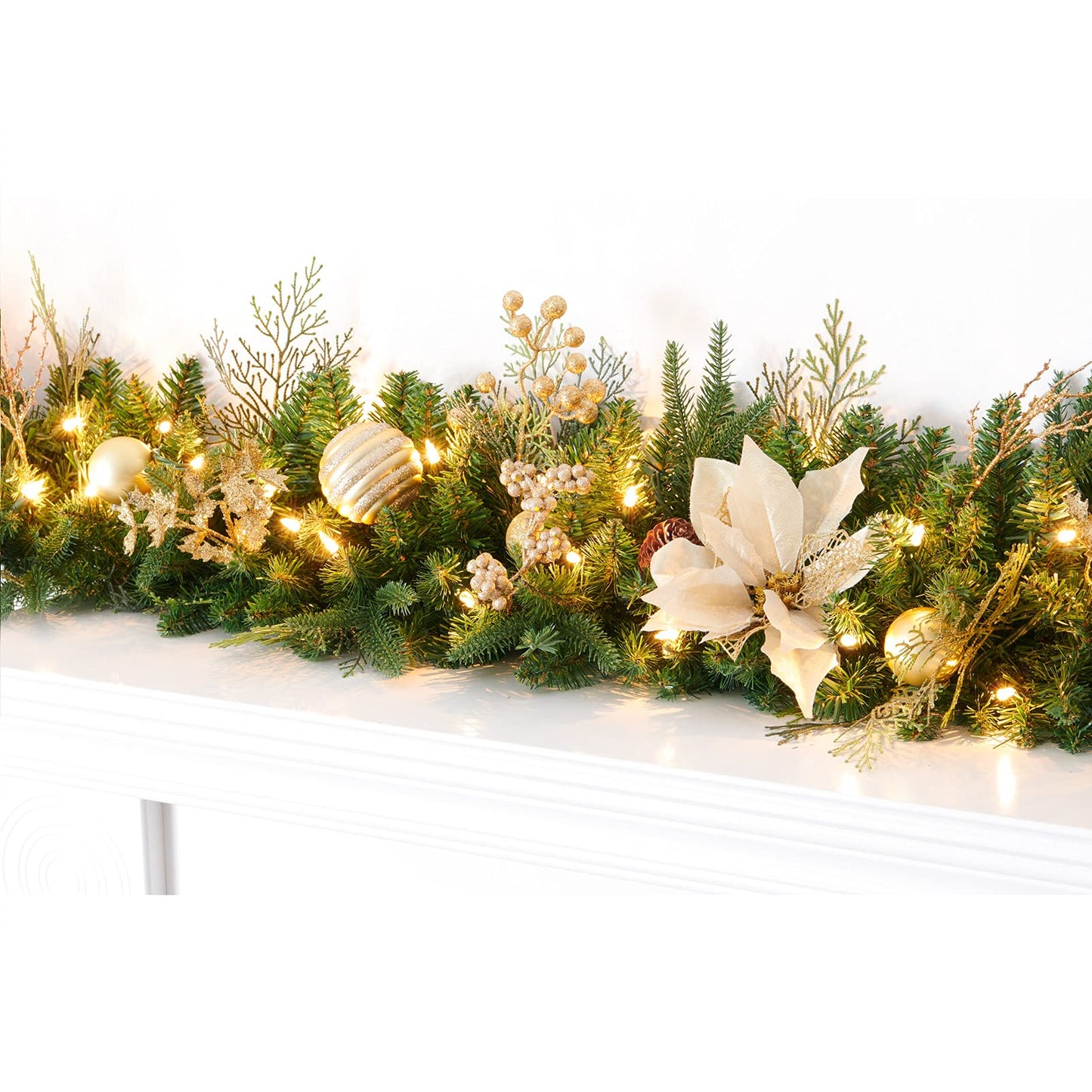 AMERZEST Pre-lit 9ft Christmas Garland with Gold Berries and Balls,Pine Cone,Golden Flower and 50 Battery Operated Soft White LED Lights with Timer,Artificial Holiday Decoration Door Outdoor