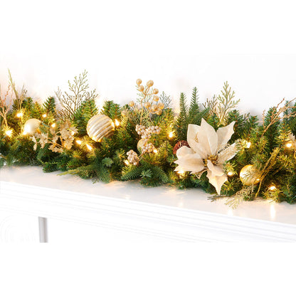 AMERZEST Pre-lit 9ft Christmas Garland with Gold Berries and Balls,Pine Cone,Golden Flower and 50 Battery Operated Soft White LED Lights with Timer,Artificial Holiday Decoration Door Outdoor