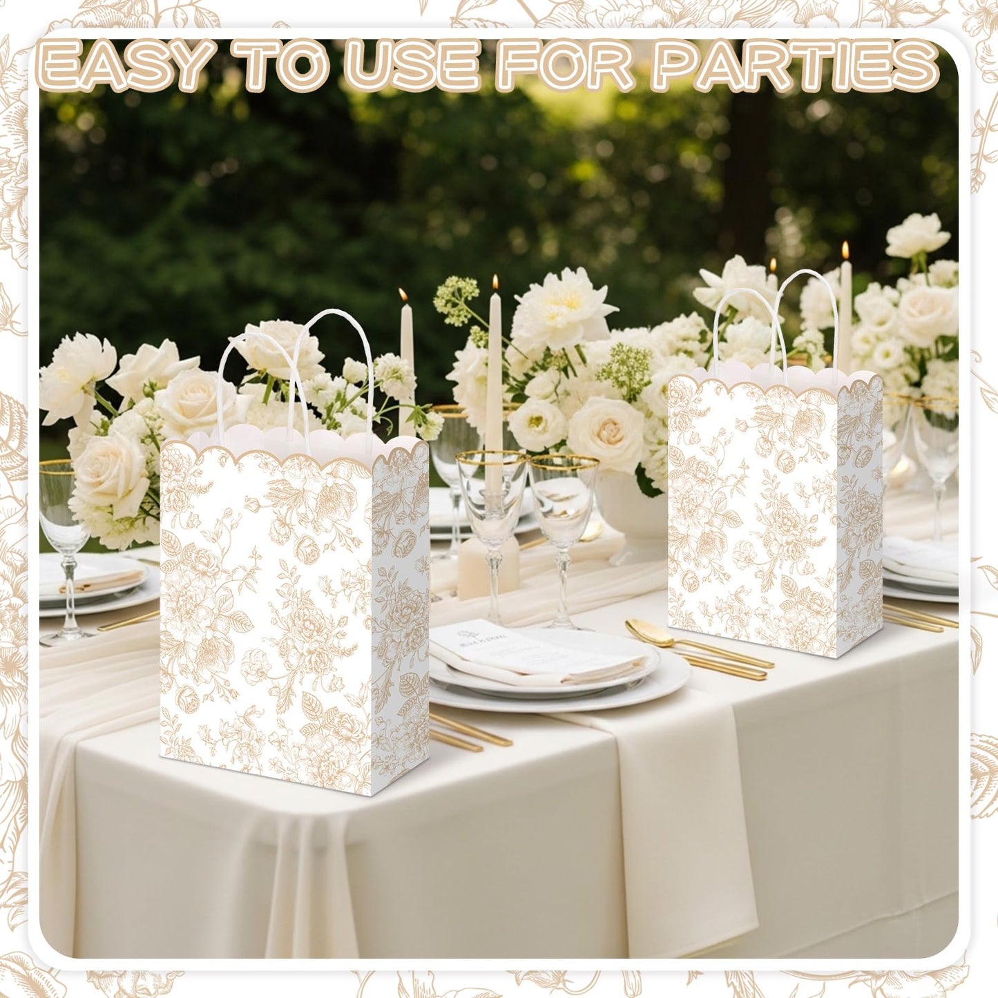 Kolldenn 24 Pcs Beige Floral Party Favor Bags with Handles Scalloped Wildflower Goodie Candy Gift Treat Bags for Birthday Decoration for Bridal Baby Shower Party Supplies
