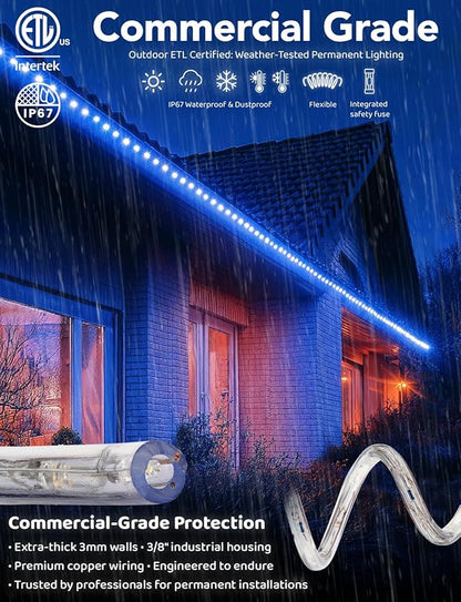 WYZworks 1656LEDs 150ft LED Outside Rope Lights, Outdoor ETL Certified Waterproof Permanent 360 Degree Light Emitting, Flexible Tube, Connectable, Christmas Palm Tree Exterior Landscape, Blue
