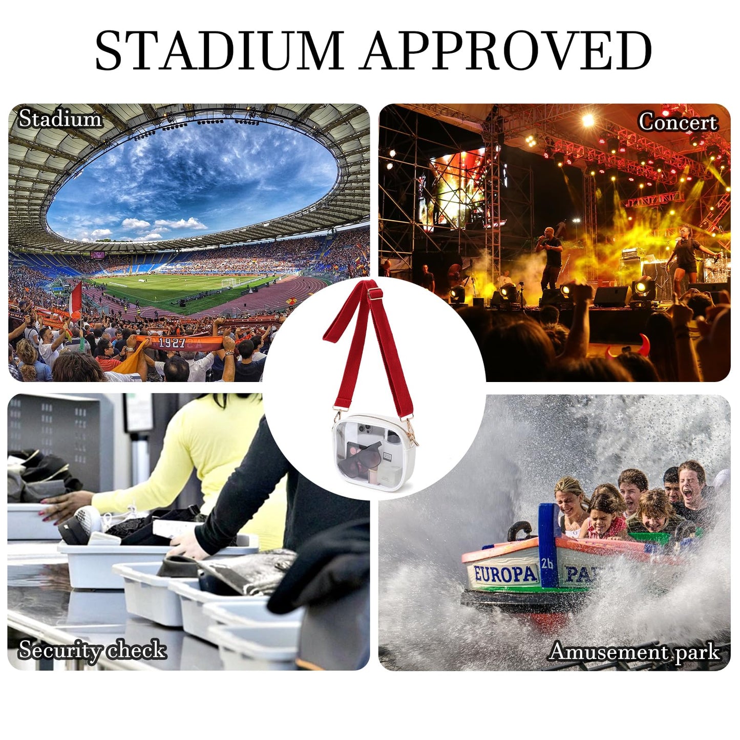 TOBVZOO Clear Purse Crossbody Bag for Women Stadium Approved, Small Leather Clear Bag with Adjustable Strap for Concert Sports Events (White - Red Striped Strap)