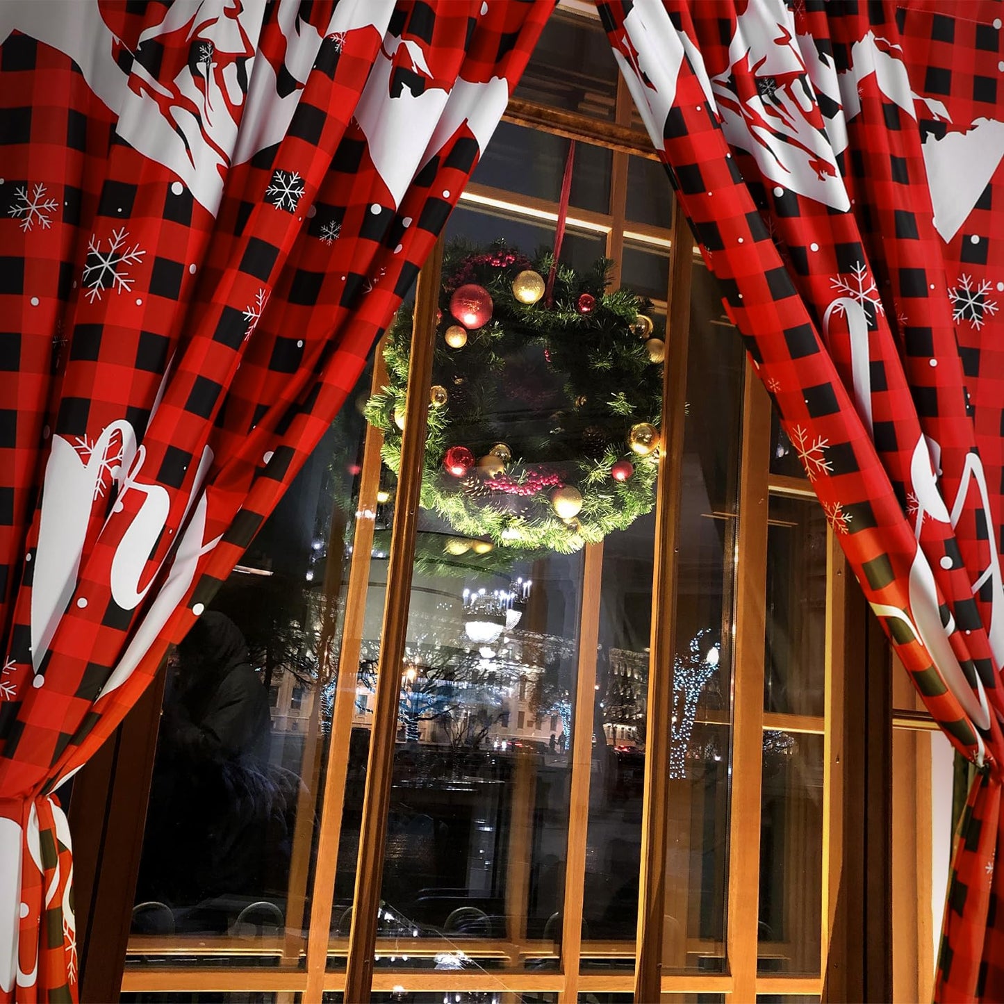 Fanfanwin Christmas Curtains 52" w x 84" l Black and Red Buffalo Christmas Tree Reindeer Window Curtain Farmhouse Xmas Window Drapes for Living Room Bathroom Home Decoration
