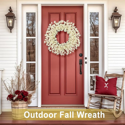 26 Inch Realistic Fall Wreaths for Front Door Outside Autumn Wreath Outdoor Indoors Fall Decorations for Home Thanksgiving Halloween Holiday Decorations Clearance for Wall Porch Door (Fall White)