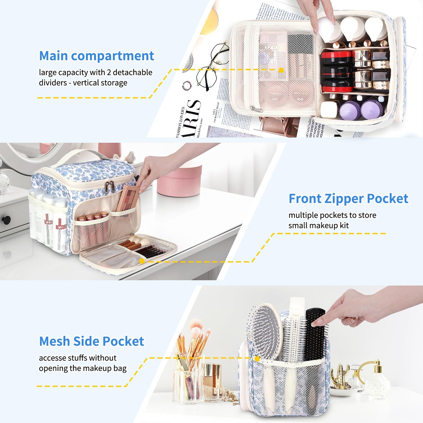 CUBETASTIC Travel Makeup Bag, Floral Make Up Bag with Brush Compartment, Vertical Storage Toiletry Bag with Partitions, Large Make Up Pouch for Women, Portable Makeup Case with Multi-Pockets