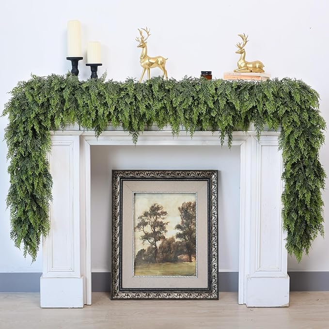 9FT Real Touch Cedar Garland for Fireplace - Artificial Christmas Garlands Realistic Faux Greenery Fake Pine Needles Garland for Holiday,Table, Window,Mantel,Stairs, Home,Indoor Outdoor Decor (2PCS)