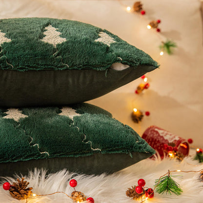 AQOTHES Christmas Tree Embroidered Green Throw Pillows Cover 18x18 Inch, Set of 2 Packs Winter Soft Fluffy Decorative Throw Pillows Covers Decor for Home Sofa Couch Bed Room