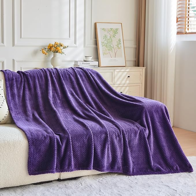 NEWCOSPLAY Super Soft Queen Blanket Dark Purple Premium Silky Flannel Fleece Leaves Pattern Lightweight Bed Blanket All Season Use (Dark Purple, Queen(90"x90"))