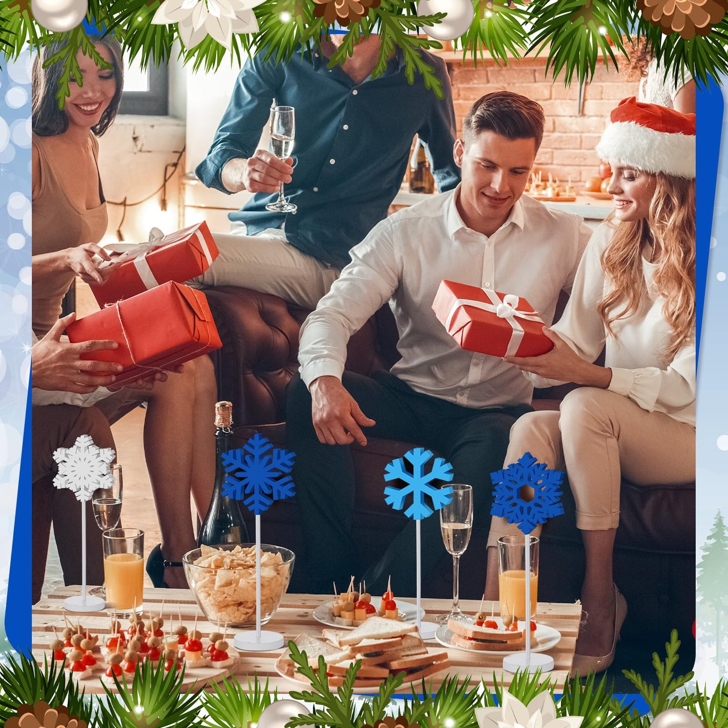 Wenqik 6 Pcs Winter Snowflake Table Decor Wooden Christmas Winter Snowflakes Table Centerpiece Standing Tabletop Sign Blue White Rustic Fireplace Home Decor for Party Decoration