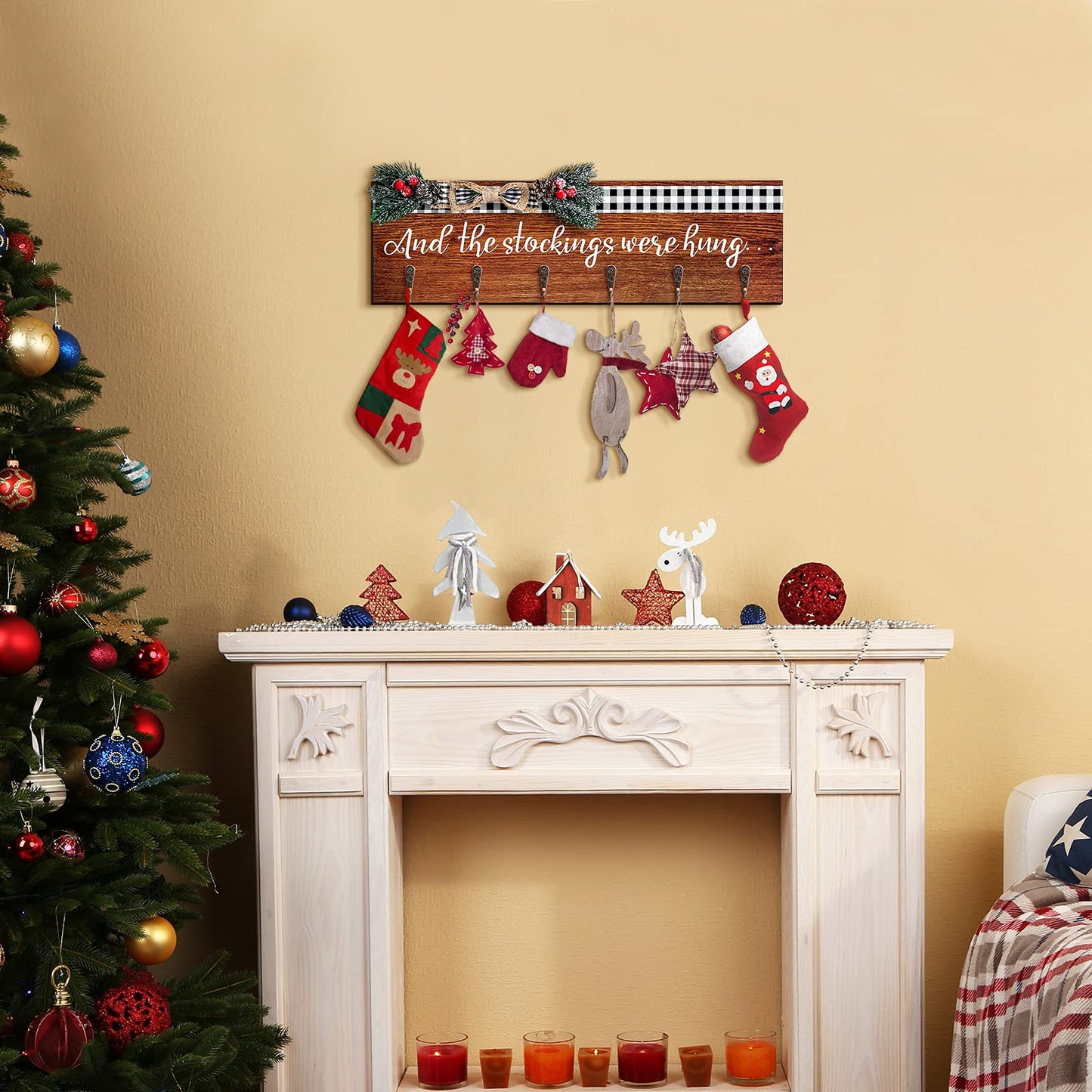 Christmas Stocking Holder with 6 Hangers The Stockings were Hung Wooden Sign Xmas Wall Hanging Sign Wall Mount Hook Holder Decorative Wood Stocking Hanger for Mantle(Retro Style)