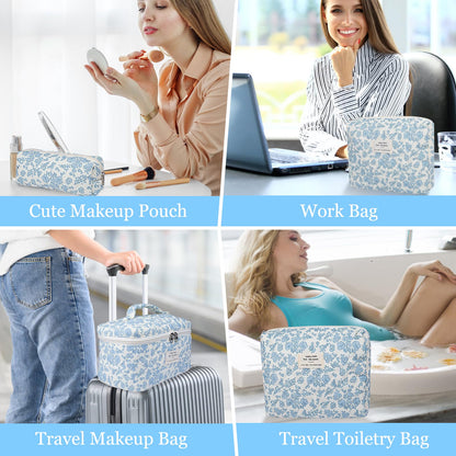 Makeup Bag, Large Quilted Cosmetic Bag, Big Floral Make Up Bag for Women Girls, Cute Cotton Makeup Bag Set, Flower Travel Toiletry Organizer Bag